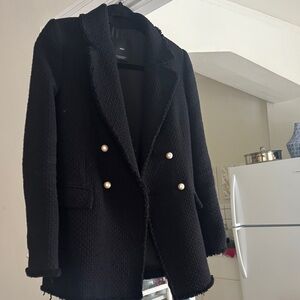 Mango Black Textured Blazer with Pearl Buttons